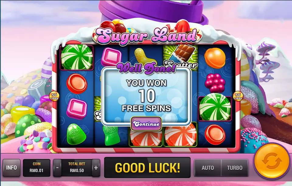 Sugar Land with the Well Done screen saying you won 10 free spins