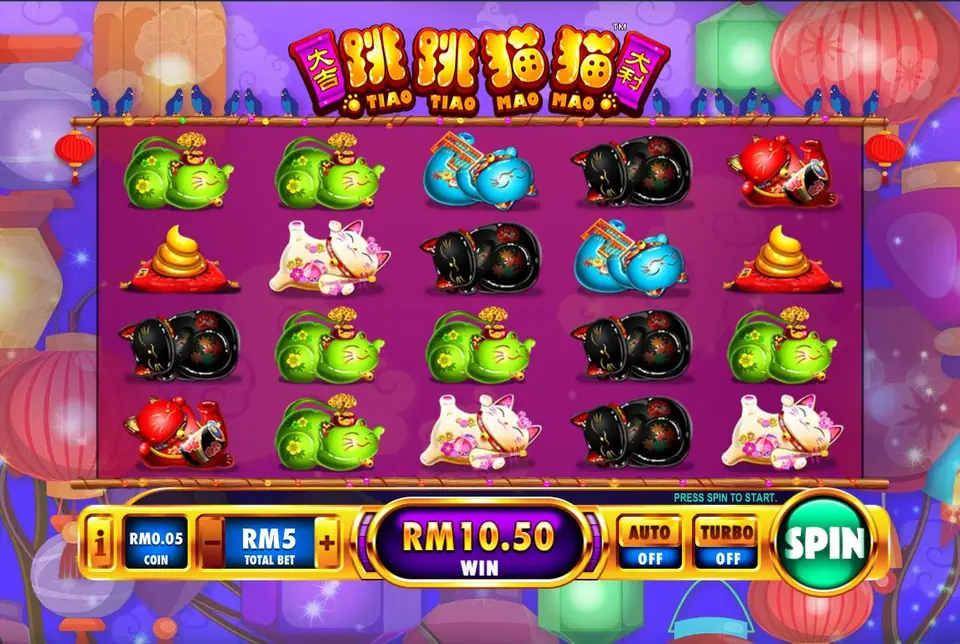 Tiao Tiao Mao Mao with cats scattered across the reels and a RM10.50 win on a RM5 bet