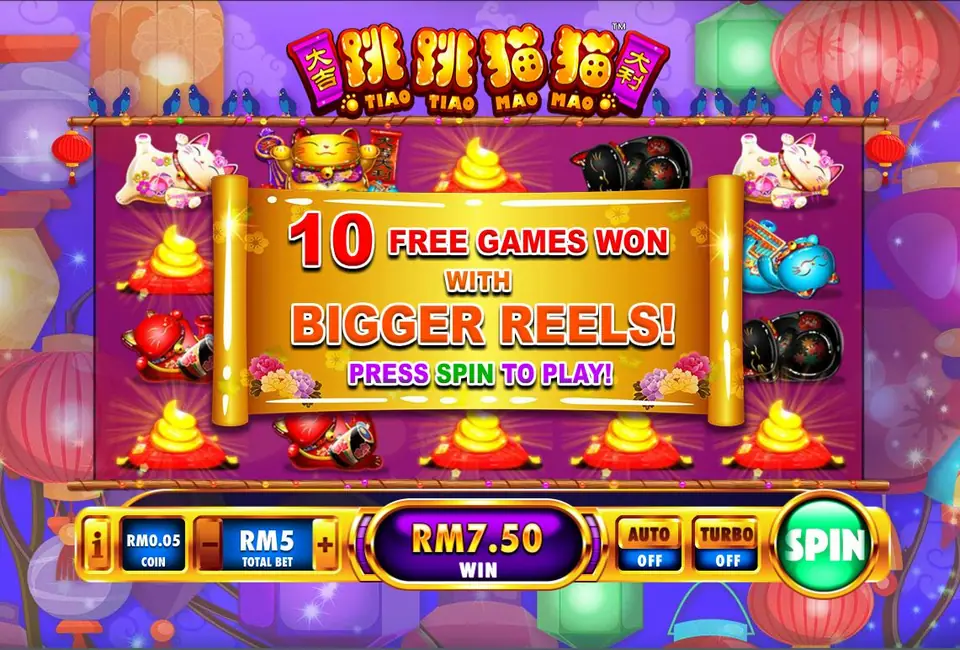 Tiao Tiao Mao Mao scroll saying 10 free games won with bigger reels, press spin to play