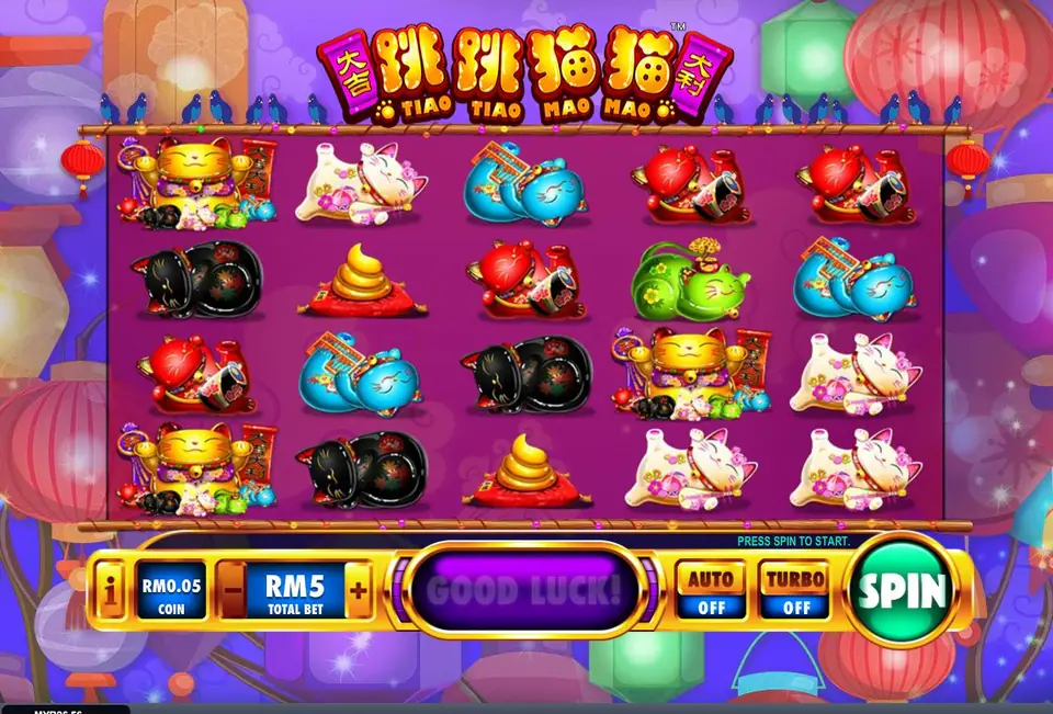Tiao Tiao Mao Mao on Rollex11 with red, blue, black, white and green lucky cats, gold ingots and golden cats on a 5x4 grid