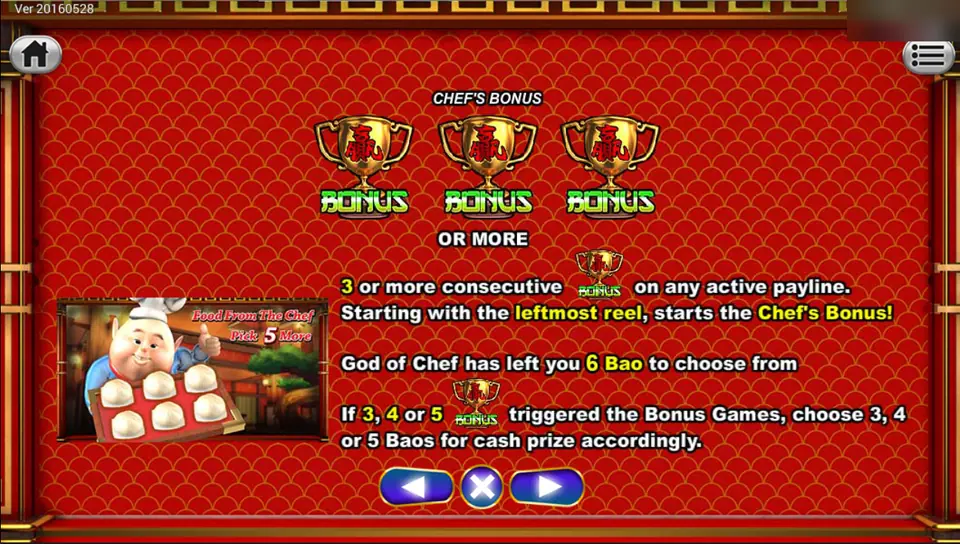 Chef's Bonus help screen showing three trophy symbols and the chef holding a tray of six baos