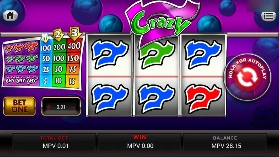 Crazy 7 three-reel slot with blue and green sevens on the reels, a pay card for 1, 2 and 3 coins on the left and a Bet One button