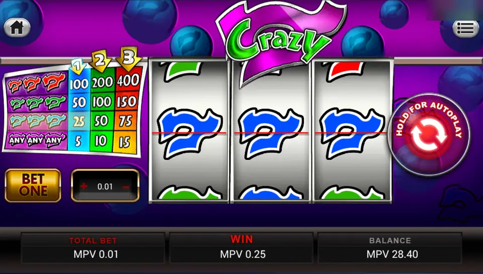 Crazy 7 reels with three blue sevens on the line and a win of 0.25 shown in the bottom bar