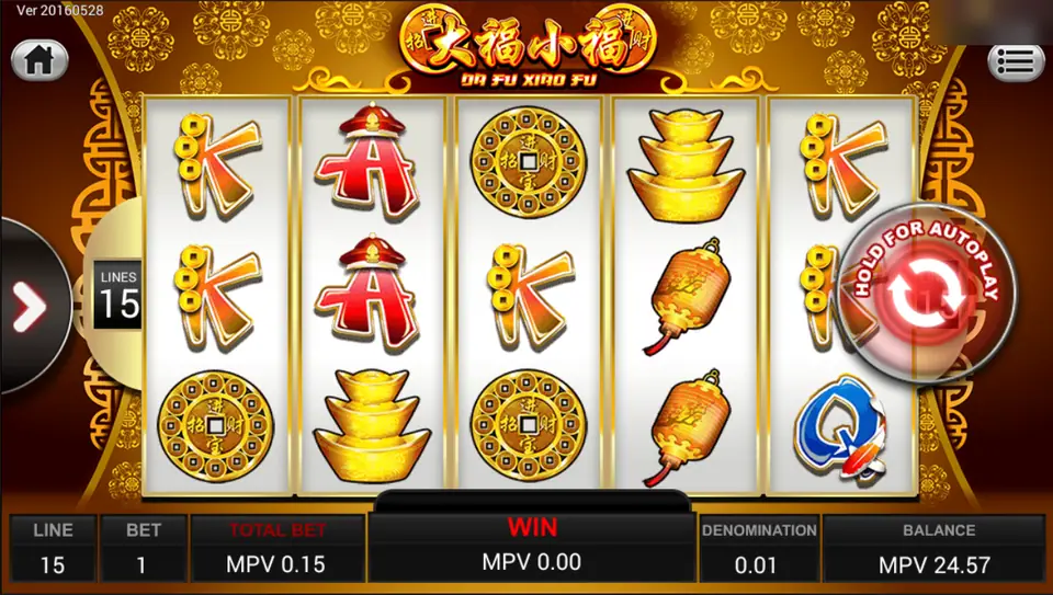 Da Fu Xiao Fu reels with gold ingots, copper coins, lanterns and red-and-gold card symbols, 15 lines at a total bet of 0.15
