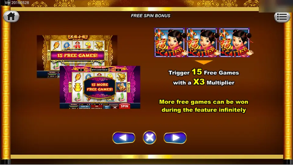 Free spin help screen showing three Xiao Fu scatters triggering 15 free games with a x3 multiplier