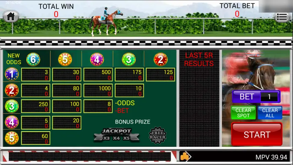 Derby Express betting board with numbered horse balls 1 to 6, odds for each pair from 3 to 1000, a Bonus Prize panel and a Start button