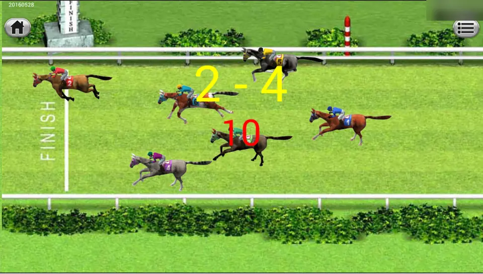 Derby Express race at the finish line with horses bunched together and the result 2-4 shown in yellow