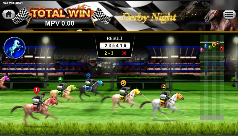 Derby Night race finish with numbered horses on a floodlit track and a result box reading 2 3 5 4 1 6, pair 2-3, odds 30