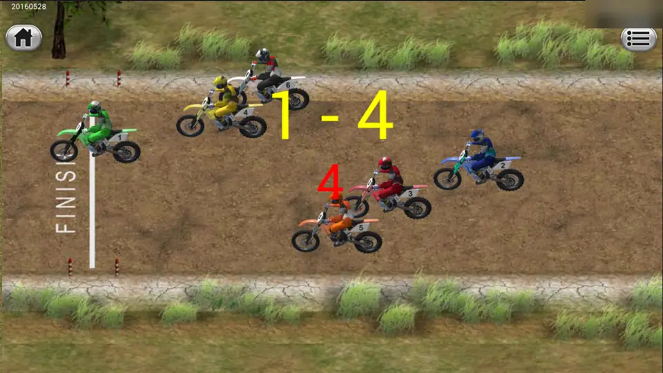 Dirt Bike finish line with riders 1 and 4 ahead and the result 1-4 displayed in large numbers