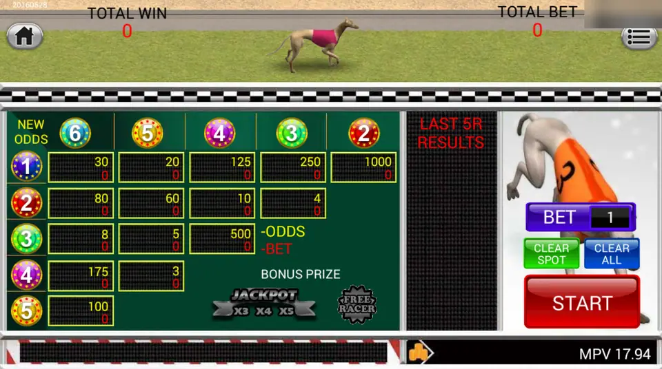 Dog Racing betting board with dog balls 1 to 6, pair odds from 3 to 1000, a Bonus Prize panel and a greyhound in an orange jacket beside the Start button
