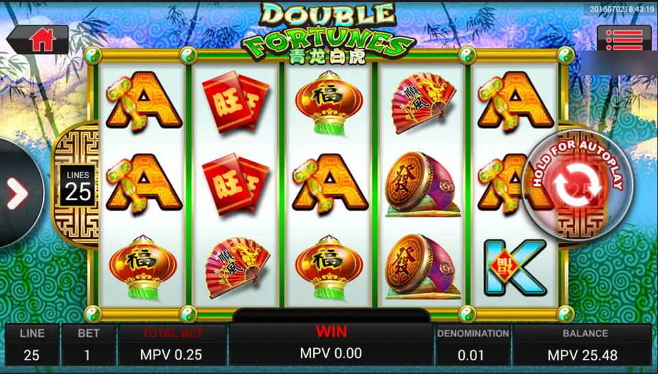 Double Fortune reels with gold A symbols, red envelopes, lanterns, fans and drums on a misty mountain background, 25 lines