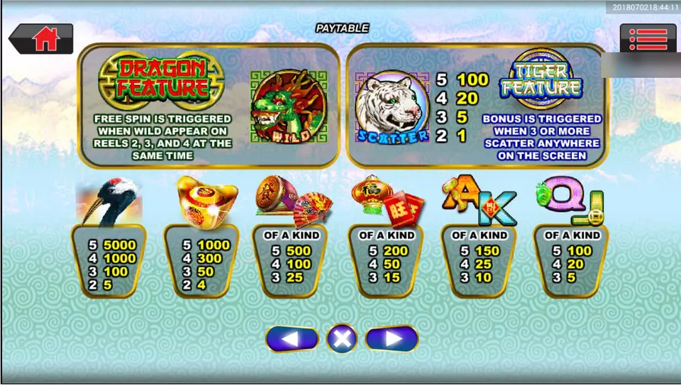 Double Fortune pay table with the Dragon Feature and Tiger Feature panels, the crane, gold ingot, drum and fan, lantern and envelope, and card symbols