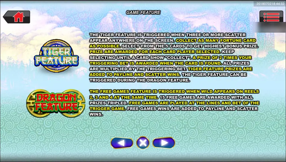 Double Fortune game feature help text explaining the Tiger Feature card pick and the Dragon Feature free games