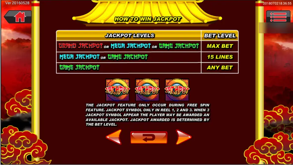 Dragon Gold jackpot help page listing Grand, Mega and Game jackpots against max bet, 15 lines and any bet
