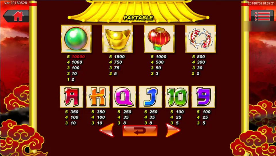 Dragon Gold pay table with the jade pearl, gold ingot, red lantern and koi pair, then A, K, Q, J, 10 and 9 in Chinese-style lettering