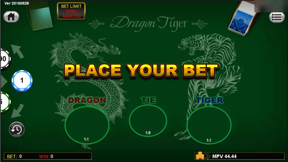 Dragon Tiger green table with Place Your Bet in gold, Dragon, Tie and Tiger circles marked 1:1, 1:8 and 1:1, a dragon and a tiger drawn faintly in the felt