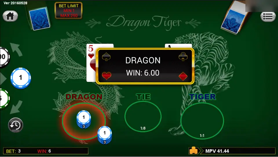 Dragon Tiger round with a five of hearts on the Dragon side and an ace on the Tiger side, a popup reading Dragon, Win 6.00