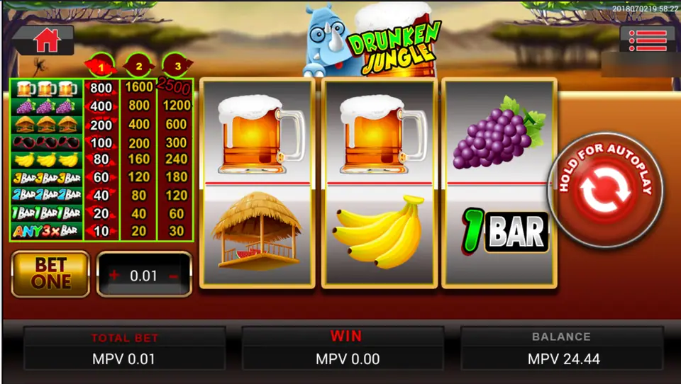 Drunken Jungle three-reel slot with two beer mugs and grapes on top, a straw hut, bananas and a 1 BAR below, pay card on the left and a cartoon rhino with a beer mug above
