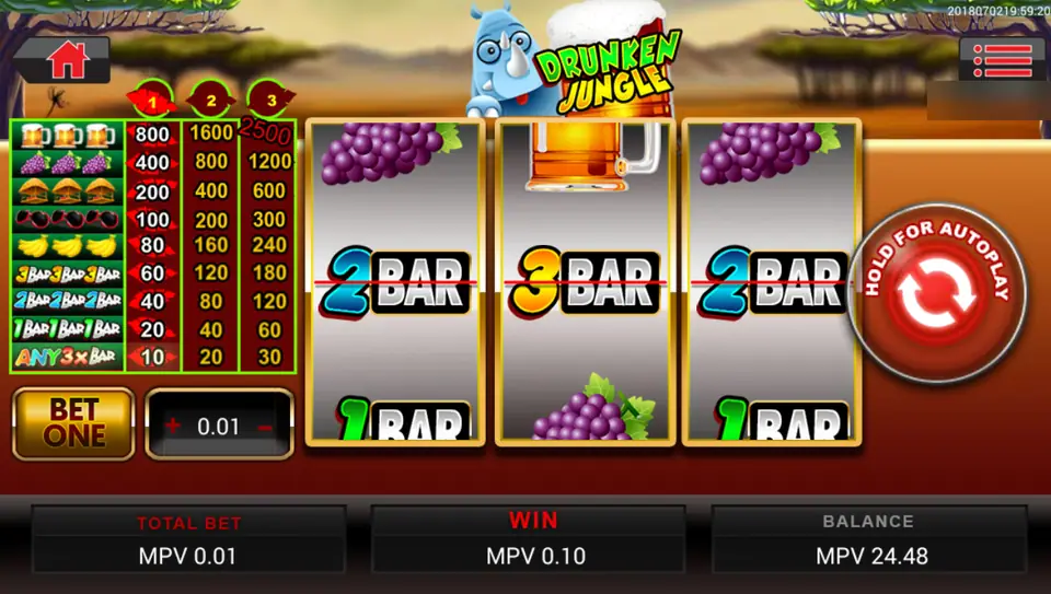 Drunken Jungle reels with 2 BAR, 3 BAR and 2 BAR on the line and a win of 0.10