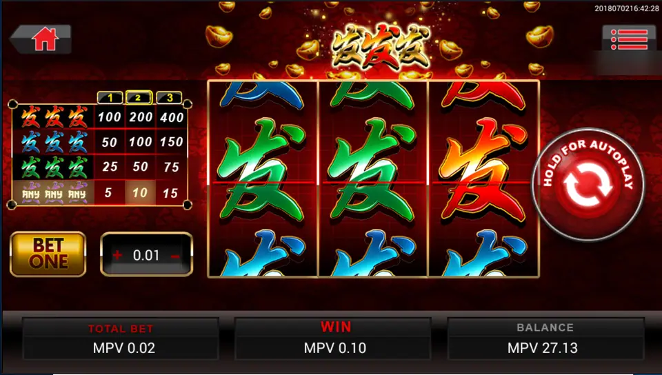 FA FA FA reels with mixed 发 characters in green, blue and red, total bet 0.02 and a win of 0.10
