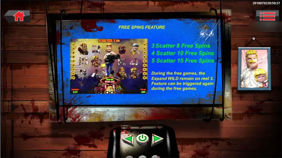 Free spins feature help page: 3 scatters for 8, 4 for 10 and 5 for 15 free spins, with an expanding wild on reel 3
