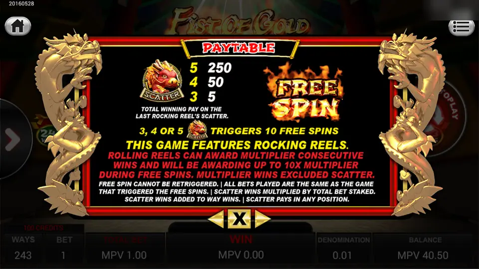 Fist of Gold pay table page with the red dragon scatter paying 250, 50 and 5 and the rules for 10 free spins with rocking reels