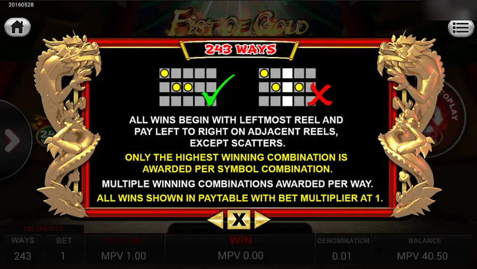 Fist of Gold help page explaining 243 ways with a winning pattern on adjacent reels and a losing one with a gap