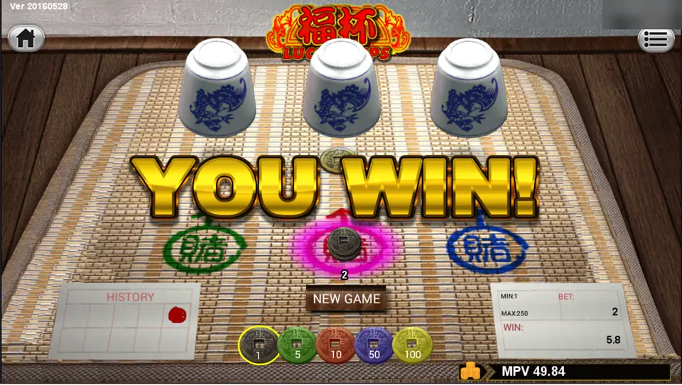 Fu Bei Lucky Cups after a round with the cups lifted, a coin on the red spot, a You Win banner and a win of 5.8 on a bet of 2