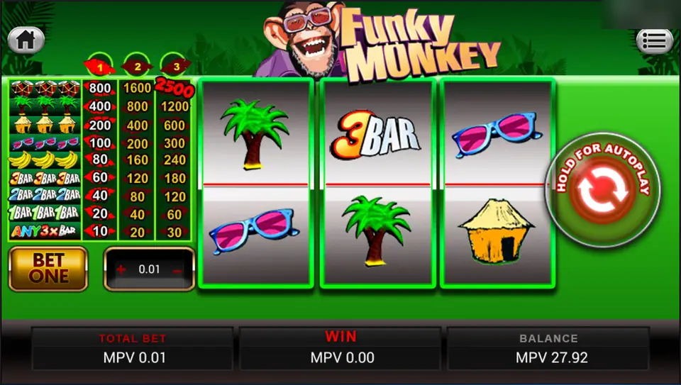 Funky Monkey three-reel slot with palm trees, pink sunglasses, a 3 BAR and a straw hut, a pay card on the left and a laughing chimp in sunglasses above the logo
