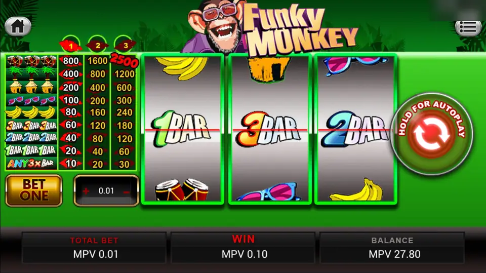 Funky Monkey reels with 1 BAR, 3 BAR and 2 BAR on the payline, a win of 0.10