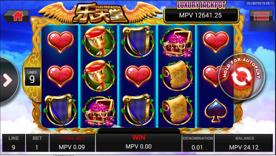 Fun Paradise reels with red hearts, goblets, golden harps, treasure chests and scrolls under golden wings and a Luxury Jackpot sign, 9 lines