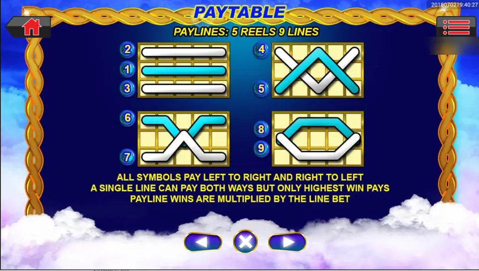Fun Paradise payline page showing lines 1 to 9 on five reels and rules that all symbols pay left to right and right to left