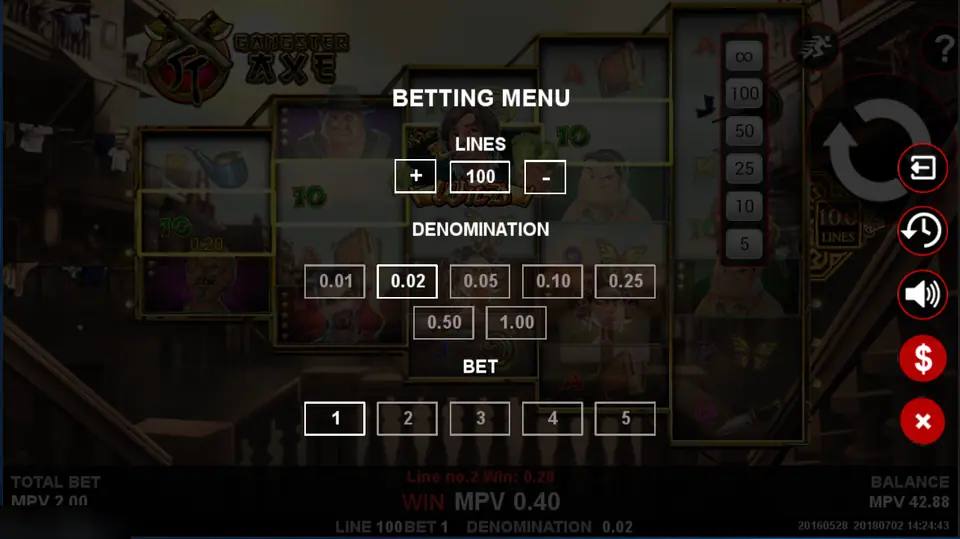 Gangster AXE betting menu with Lines set to 100, denomination options from 0.01 to 1.00 and bet levels 1 to 5