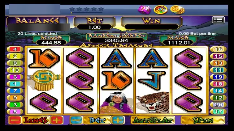 XE88 Aztec's Treasure reels with a jaguar, a woman in a headdress, a gold medallion and purple card letters under a jackpot panel