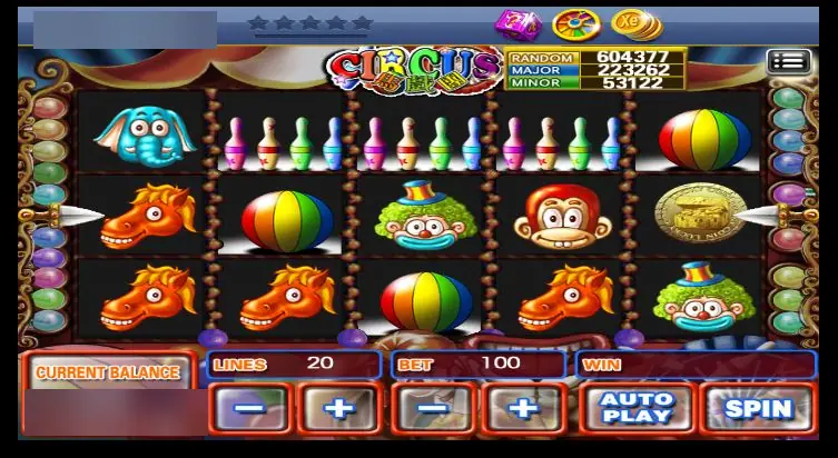 XE88 Circus reels with horse heads, clowns, a monkey, bowling pins and striped balls