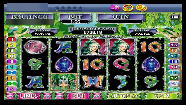 XE88 Enchanted Garden reels with two fairy symbols, a butterfly, a fountain and jewel-cut card letters