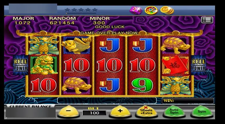 XE88 Five Dragon slot with gold dragons, turtles, a koi and red envelopes on red reels, Reel Power signs and a Major, Random and Minor bar
